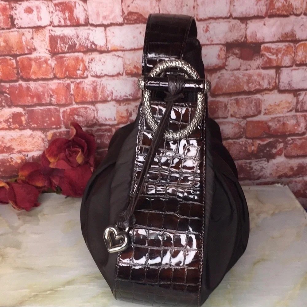 Brighton Large Chocolate  Black  Nylon & Patent Leather Hobo Handbag Pur…